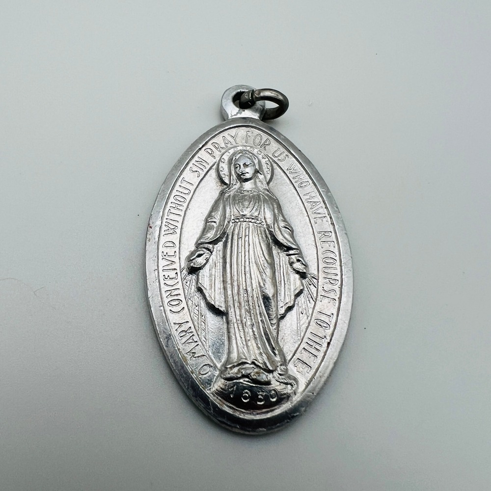 Vintage Italy Miraculous Medal Pendant Virgin Mary Religious Silver Tone